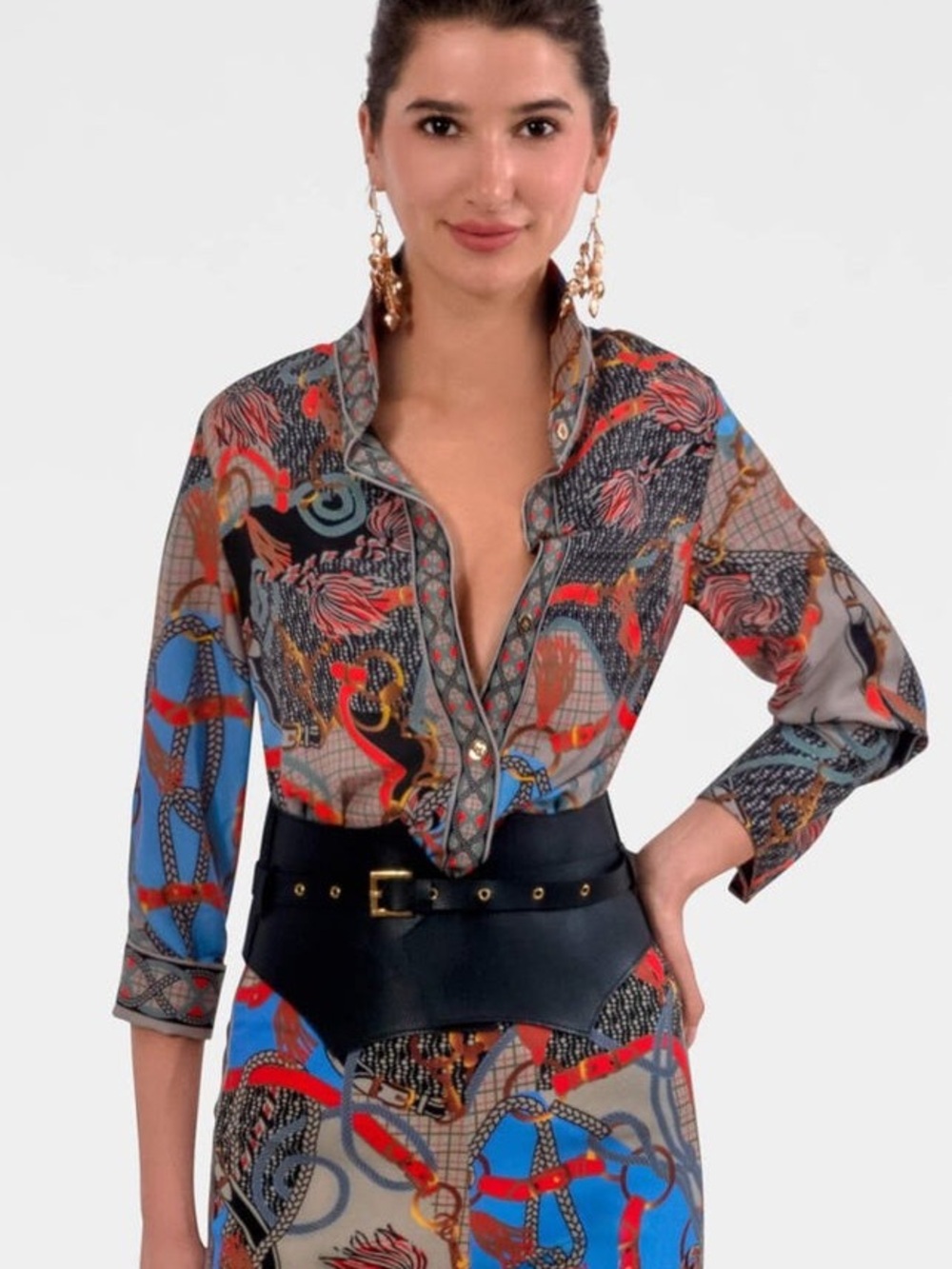 Gretchen Scott Multicolor Ditto Boyfriend Buttin Down Shirt Equestrian Top Small